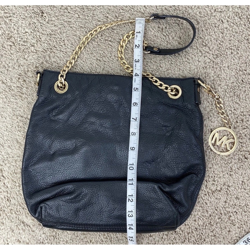 Michael Kors Shoulder Bag Black Leather Slouchy Chain MK Charm Gold Tone Purse - Picture 8 of 12